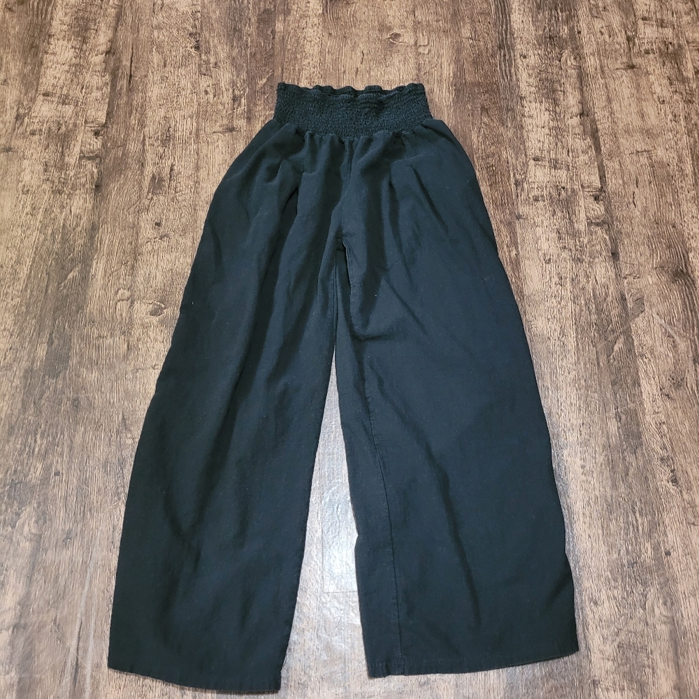 Black Shirred Waist Wide Leg Pants with Pockets